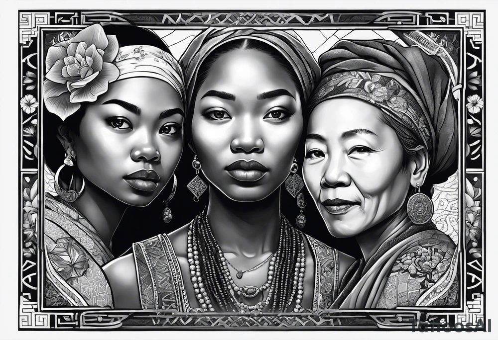 three  people side by side. a really really young black Daughter on the left, a wight mother in the middle, really really old asian grandmother on the right. greater age difference, in an artfully decorated frame tattoo idea