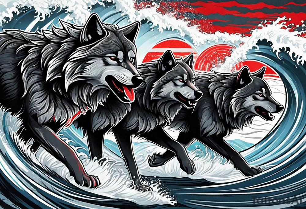 a pack of howling muscular  gray wolves surfing waves with a linear background with red, white and black and gray tattoo idea