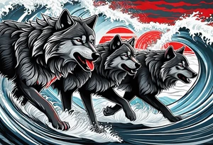 a pack of howling muscular  gray wolves surfing waves with a linear background with red, white and black and gray tattoo idea