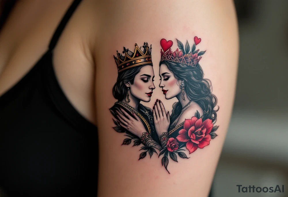 Two playing card symbols—King of Spades and Queen of Hearts—done in black, red, and subtle shading. tattoo idea