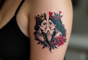 Two playing card symbols—King of Spades and Queen of Hearts—done in black, red, and subtle shading. tattoo idea