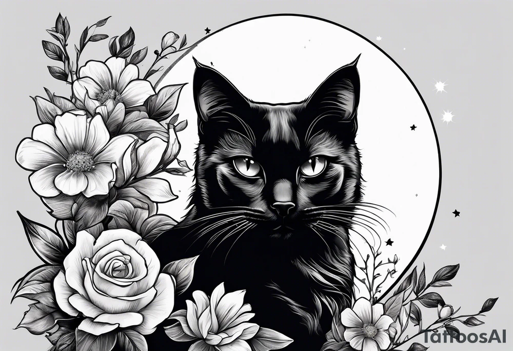 Photo realistic black cat with moon and flowers tattoo idea