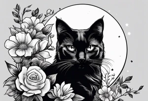 Photo realistic black cat with moon and flowers tattoo idea