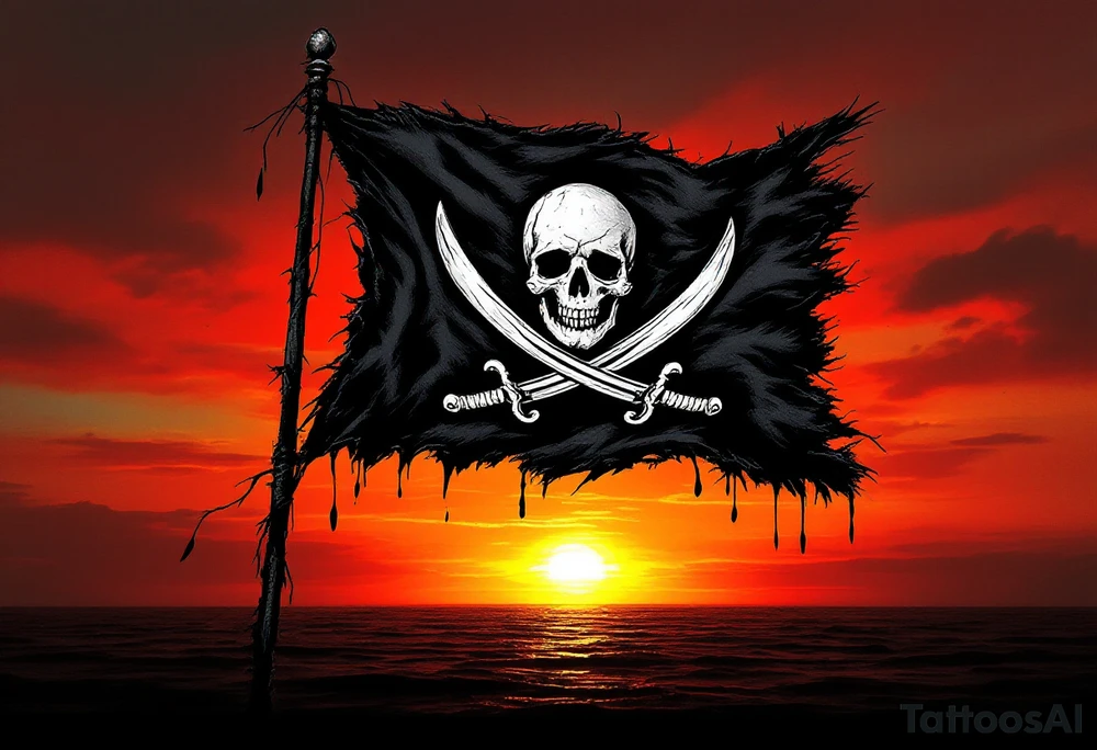 The Black Flag – A tattered black pirate flag with a white skull and crossed swords, flapping against a deep orange and red sunset. Torn edges and drips of crimson blood give it a battle-worn appearance. tattoo idea