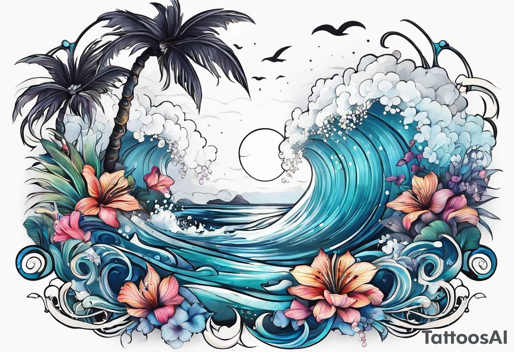 sea,, night, flower, palm, tattoo idea