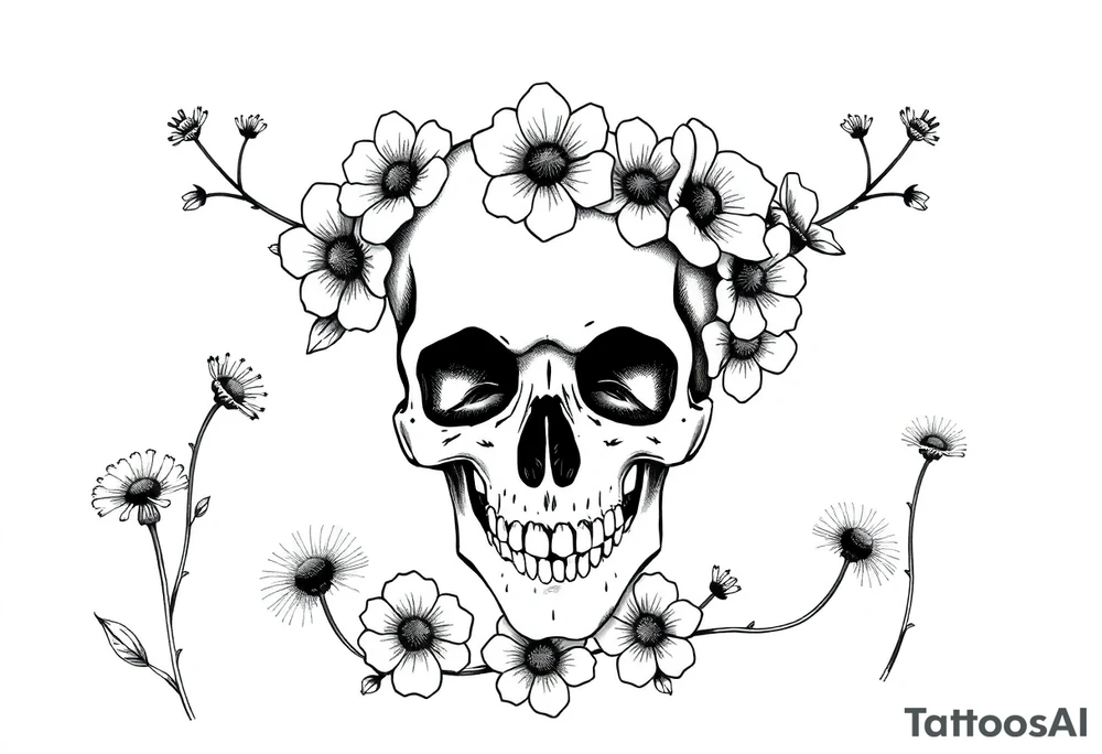 Skull surrounded by honeysuckles and dandelions tattoo idea Skull surrounded by honeysuckles and dandelions tattoo idea