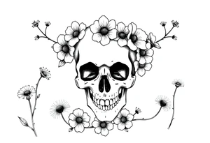 Skull surrounded by honeysuckles and dandelions tattoo idea