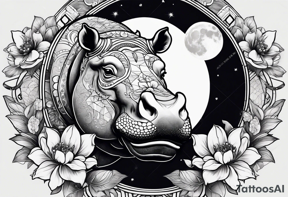 A not too big hippo head with a detailed realistic full moon on upper right corner and wintersweet flower on lower left corner, looking like a totem tattoo idea