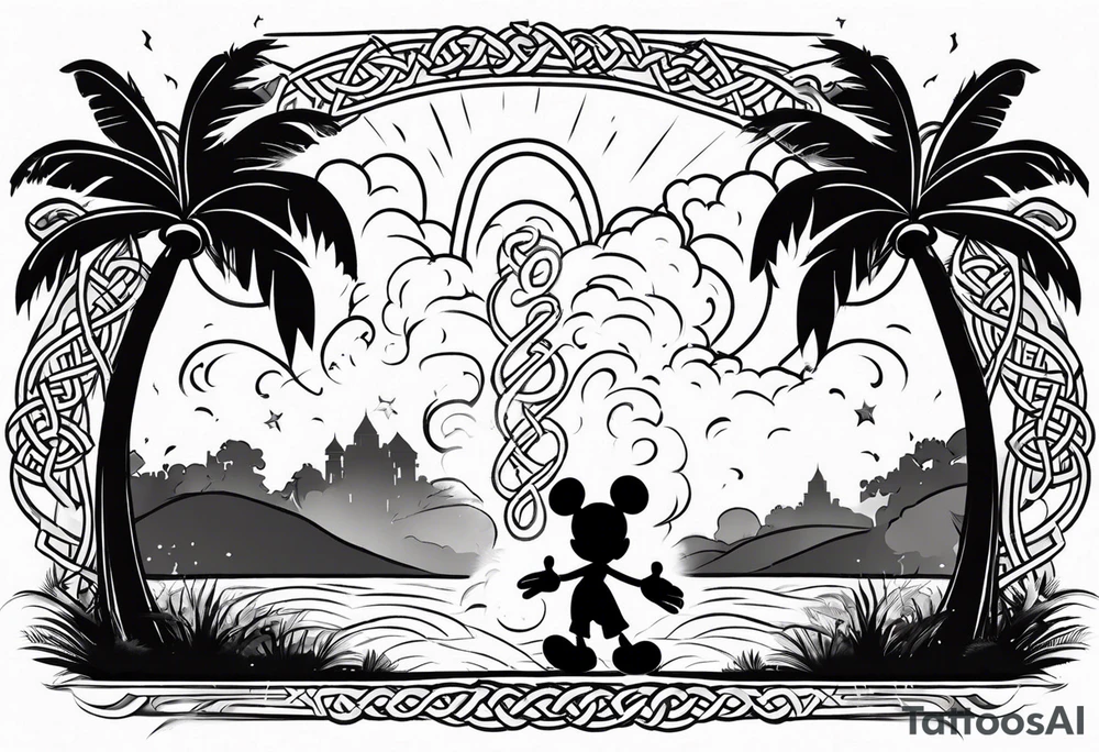 mickey mouse in a lightning storm with palm trees and the celtic symbol for family tattoo idea