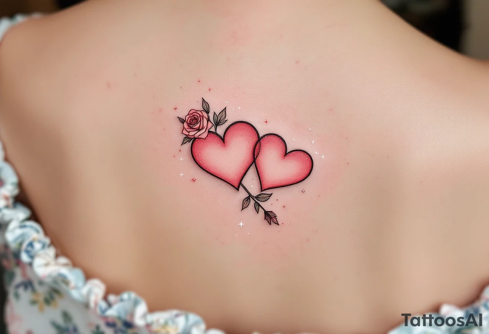 A minimalist yet stylish heart tattoo featuring two small hearts, one slightly larger than the other, linked together with a delicate vine of roses. The design incorporates soft pink and red gradients with subtle sparkles around the edges. To add a unique touch, there's a tiny Cupid's arrow piercing through the hearts, symbolizing true love and affection. tattoo idea