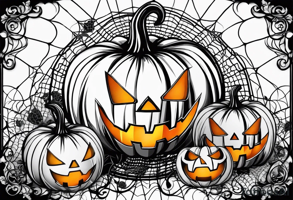 scary pumpkins with a spidernet in the background tattoo idea