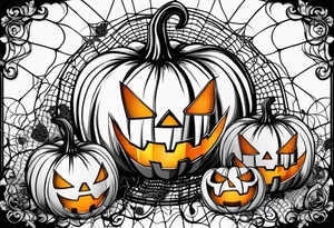 scary pumpkins with a spidernet in the background tattoo idea