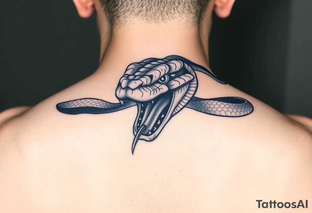 A dangerous snake it has a wide shaped cobra head with a mouth full of sharp teeth and long fangs like a sab tattoo idea