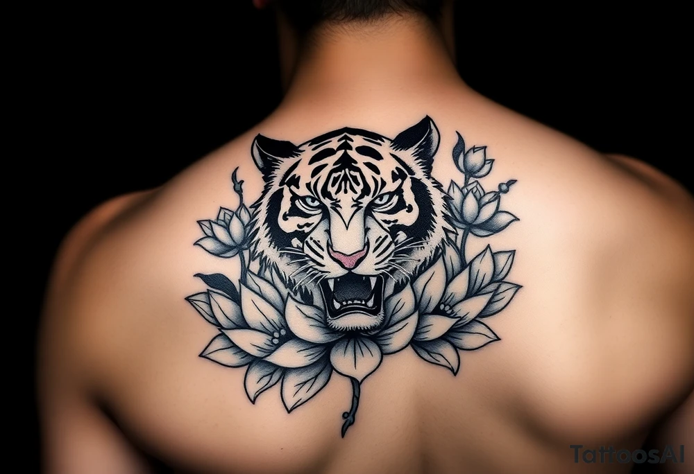 fierce tiger emerging through blooming lotus flowers in mist tattoo idea