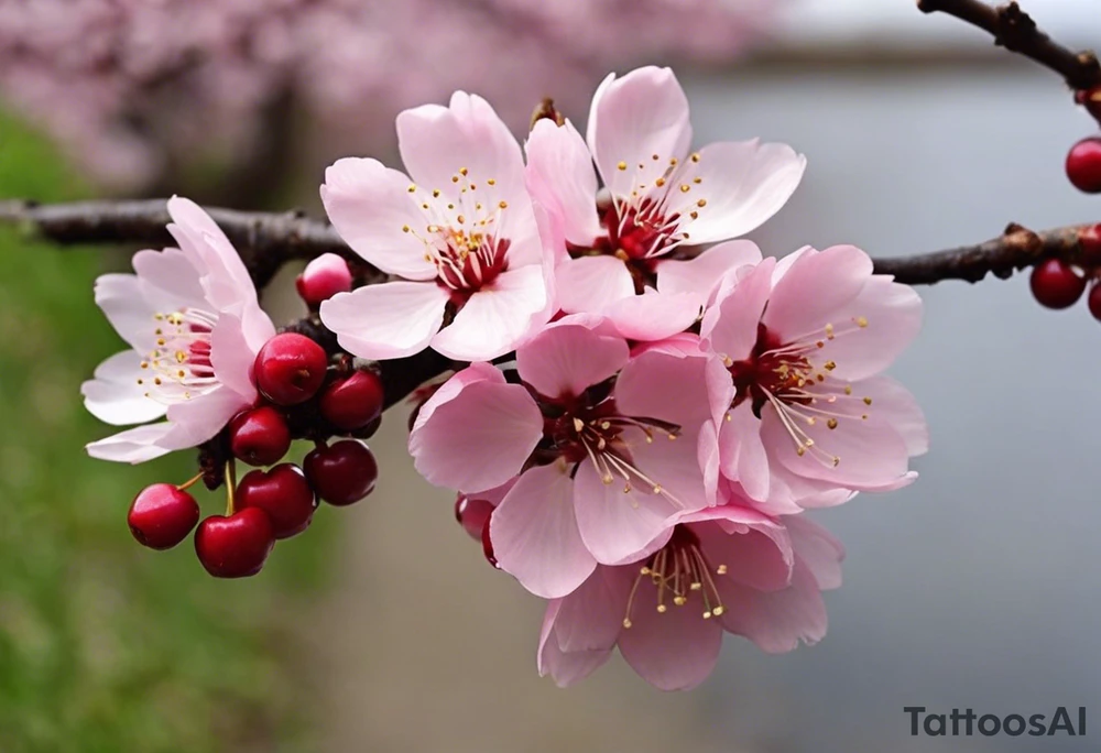 i want a cherry blossom branch to sprout out from the shoulder, then travel down to my arm and wrap around my bicep once, this bit can be floral, then it needs to narrow down and fit through a 7 cm gap in on my forearm then eventually ending in a 10 cm gap on my wrist, this gap can be filled with more blossom flora, this tattoo needs to go all the way down my arm so it needs to be long, the tattoo will start at my shoulder and go all the way down my arm tattoo idea