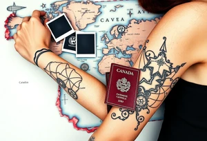 Navigator map with torn/burnt edges, with polaroids, coins, open Canadian passport, and show tickets tattoo idea