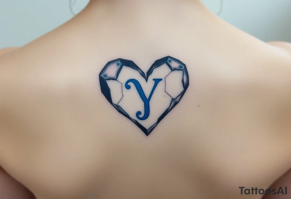 A shattered glass heart with the letter "Y" in blue, symbolizing love’s fragility and strength. tattoo idea