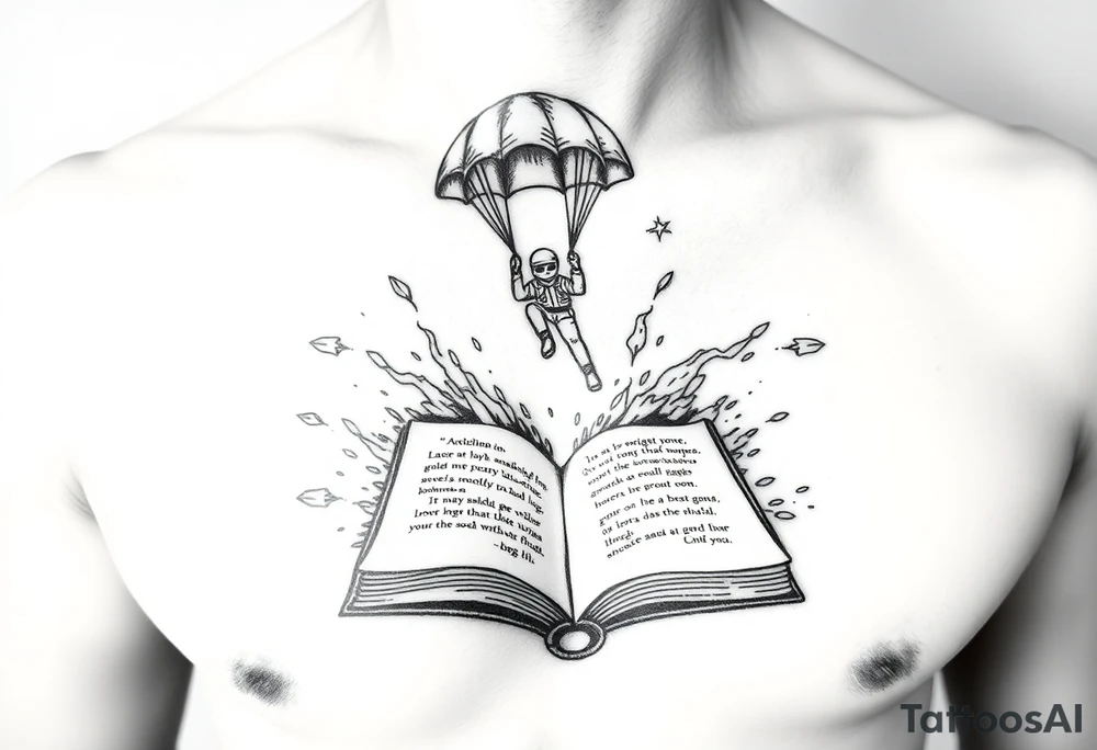 A parachuting soldier landing into an open book. Chaos surrounding, but the book is protecting the soldier from it. On the chest. book contains a quote. Make it smaller. tattoo idea