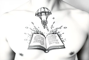 A parachuting soldier landing into an open book. Chaos surrounding, but the book is protecting the soldier from it. On the chest. book contains a quote. Make it smaller. tattoo idea