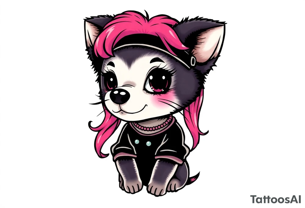 goth furry puppy girl with piercings on face and big boobs and big butt with black outfit on with pink hair tattoo idea
