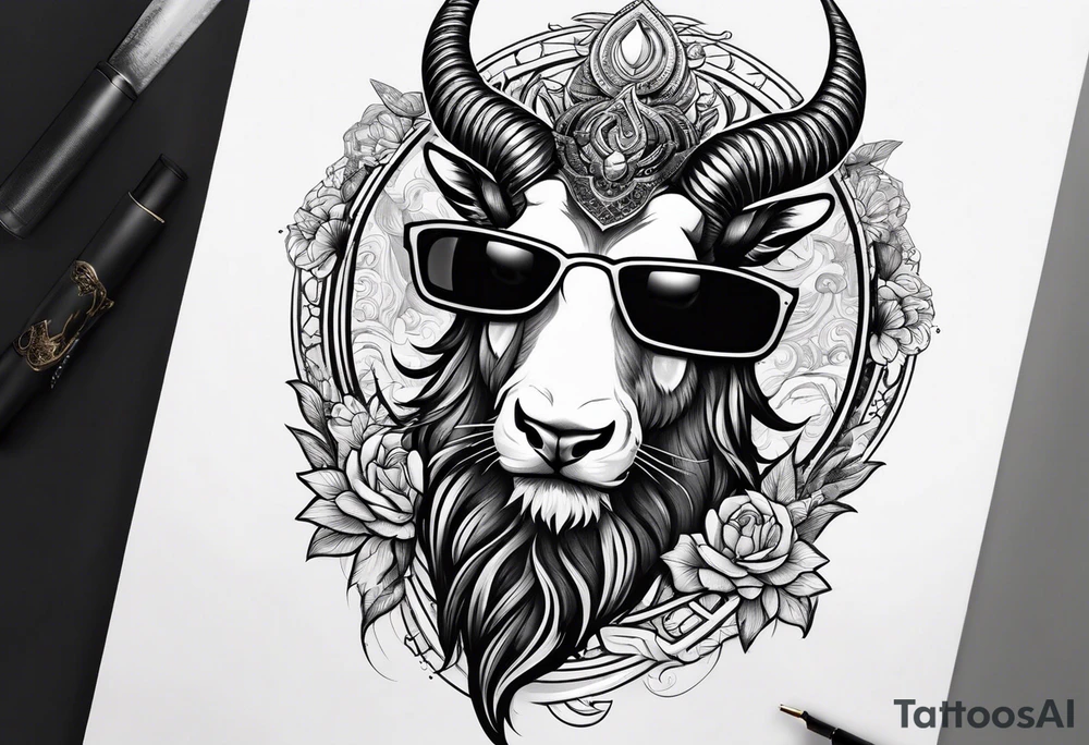 capricorn with beard and sunglasses tattoo idea