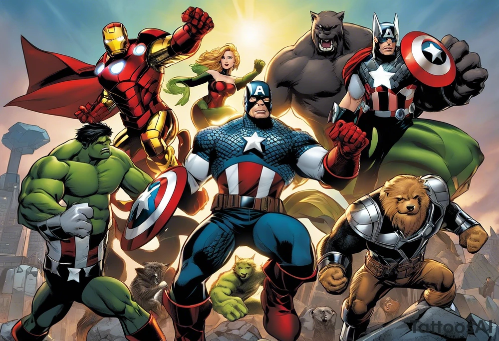 I want to change Avengers Team characters with animals. Hulk will be represented by a Badger.
Thor will be depicted as an Alpha Grey Wolf.
Captain America will be symbolized by a Bull.
Iron Man's character will be embodied by a Canary.
Black Widow's role will be portrayed by an Axolotl.
Hawkeye will be depicted as a Sudan Plated Lizard.
Nick Fury will be represented by a Cat. tattoo idea