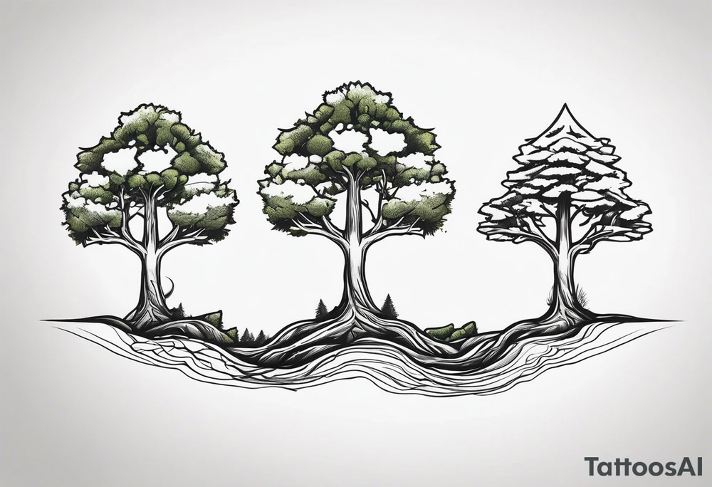 3 Forest trees growing out of the same root tattoo idea 3 Forest trees growing out of the same root tattoo idea