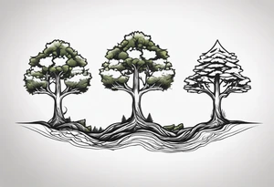 3 Forest trees growing out of the same root tattoo idea