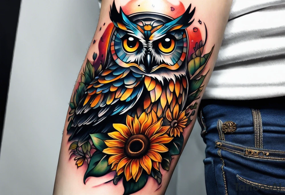 Sleeve with an owl, sunflower and butterfly tattoo idea