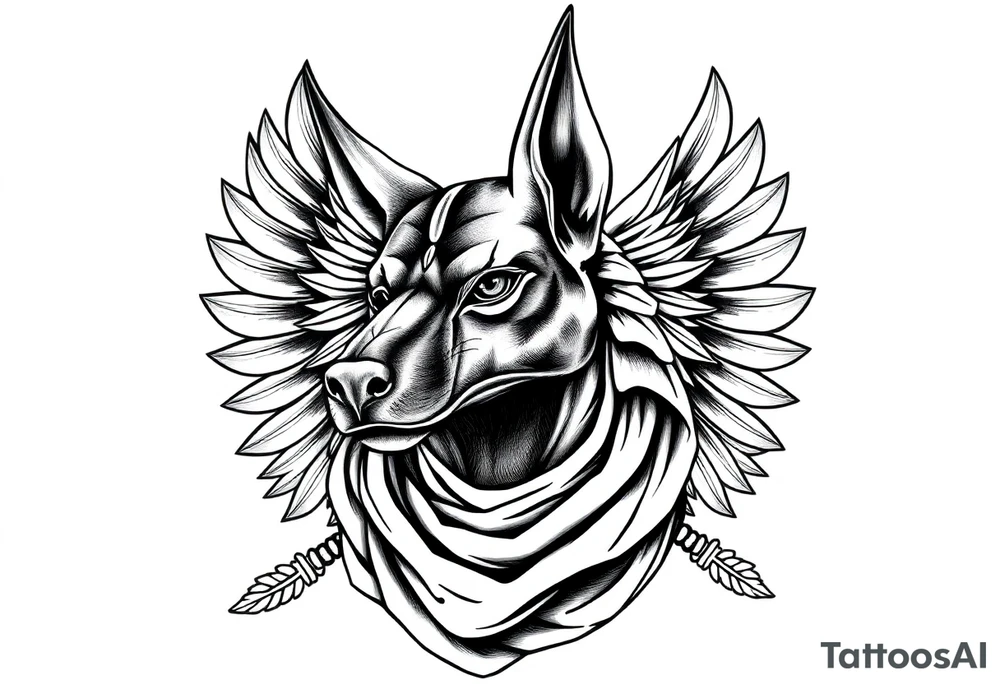Egyptian Anubis god face muscle in Egypt style  with scarf
dog face surrounded Egyptian symbols based on elements tattoo idea