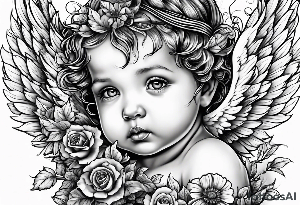 Baby angel with completely black eyes dripping with green vines everywhere tattoo idea