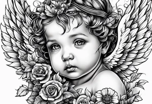 Baby angel with completely black eyes dripping with green vines everywhere tattoo idea