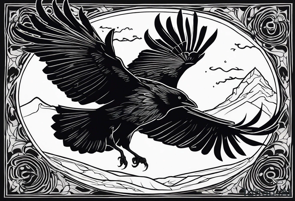 a scary black raven landing on the back of a wolf tattoo idea