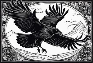 a scary black raven landing on the back of a wolf tattoo idea
