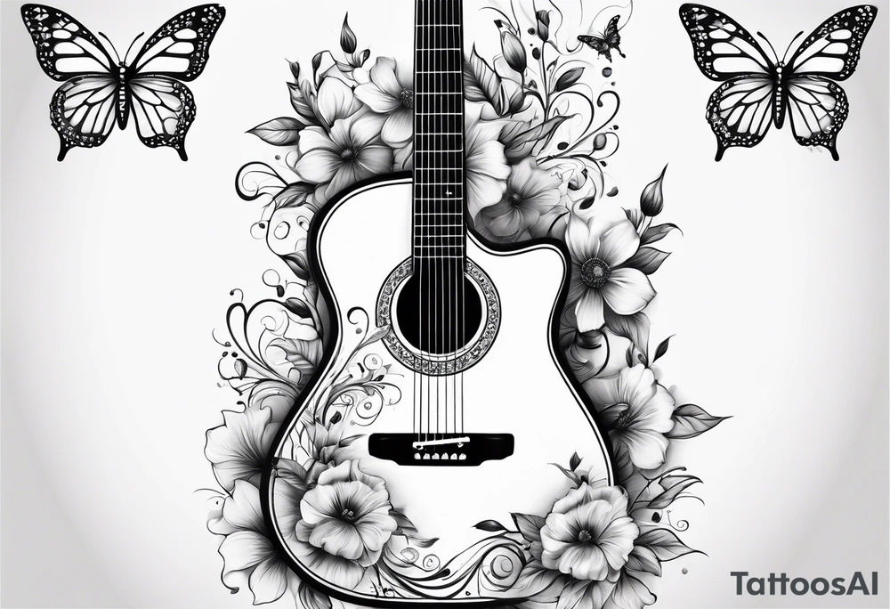 Guitar with flowers growing off the side, butterflies tattoo idea