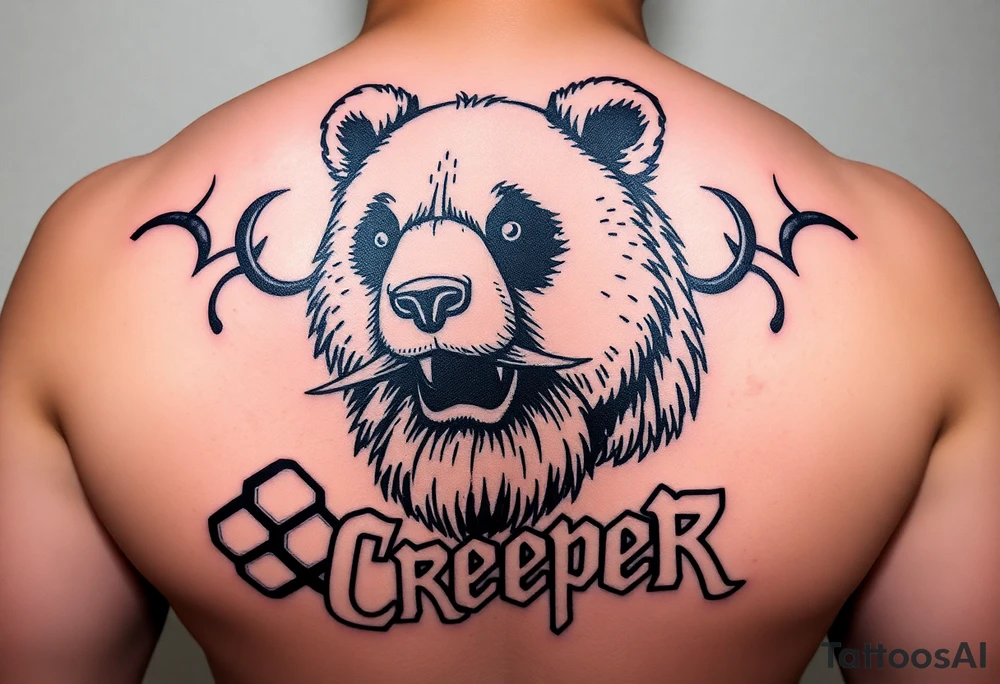 Wrestler, bass playing, tattooed, mustache, bearded panda bear with a septum piercing  and the word creeper in metal band font tattoo idea