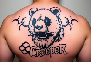 Wrestler, bass playing, tattooed, mustache, bearded panda bear with a septum piercing  and the word creeper in metal band font tattoo idea