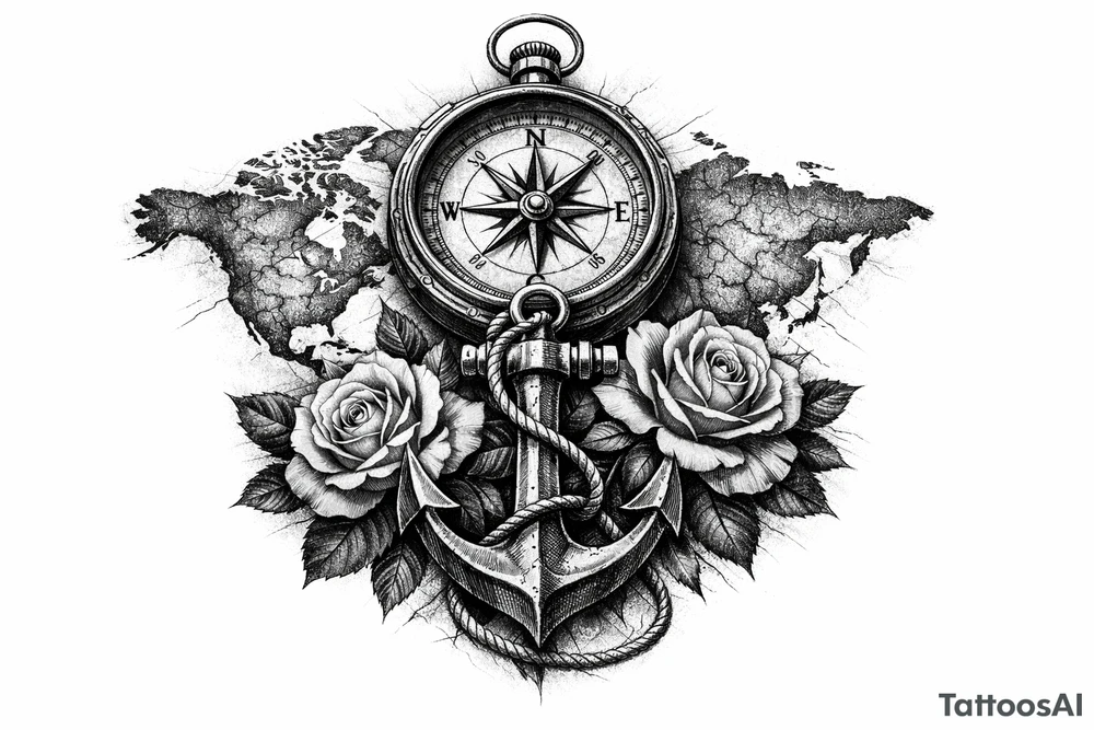 a compass under it an anchor, roses,world map. tattoo idea