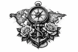 a compass under it an anchor, roses,world map. tattoo idea