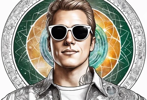 Joseph Smith Jr. wearing a Dartmouth College shirt, and hypnotic looking sunglasses, with a solar system background tattoo idea