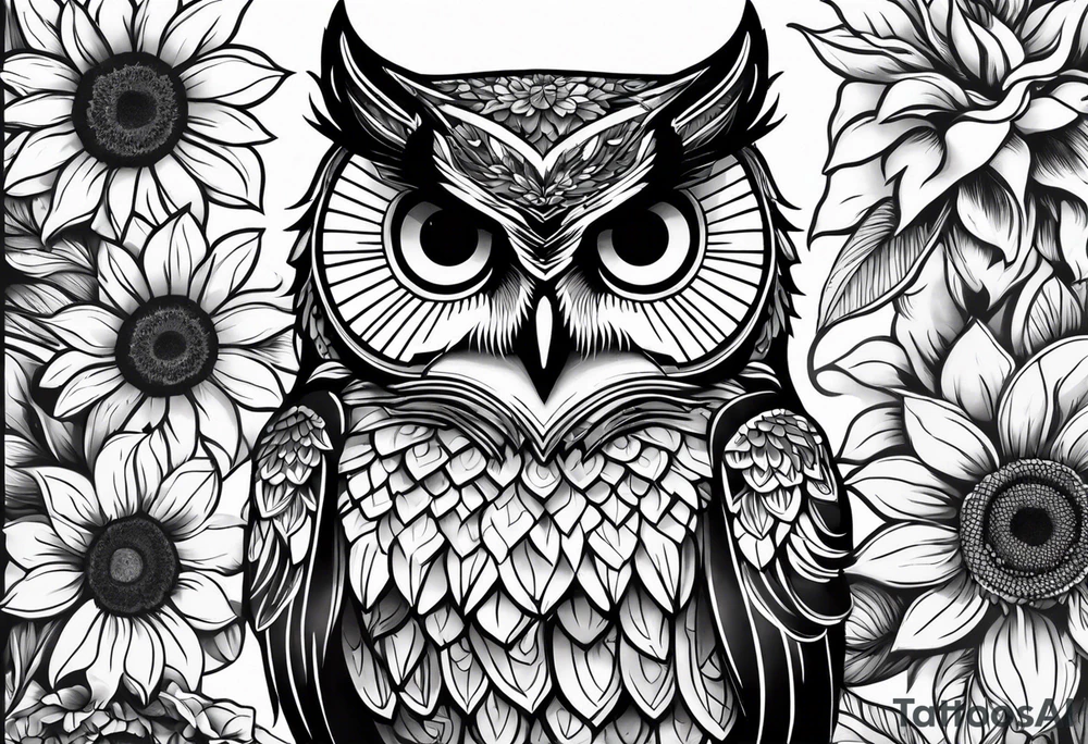 Black and white owl with sunflowers leg sleeve tattoo idea