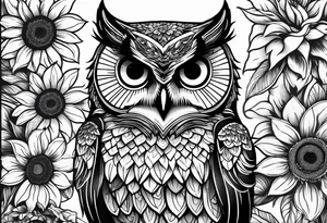 Black and white owl with sunflowers leg sleeve tattoo idea
