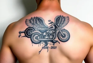 Dale Earnhardt car on it with the year 1958 - 2021 intertwined with a motorcycle on it with guardian angel wolves tattoo idea