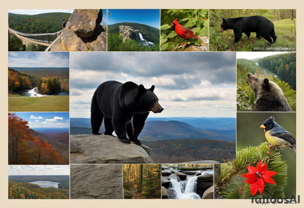 Legs sleeve capturing the most important things in my life - [ ] West Virginia native animals 
- [ ] black bear
- [ ] Trout
- [ ] cardinal
- [ ] Cooper’s Rock Morgantown, WV
- [ ] Black water falls WV
- [ ] Bickle knob observation tower WV
- [ ] Lettering - “Montani Semper Liberi”
- [ ] Snowboarding
- [ ] Fairmont, WV
- [ ] Army and country
- [x]  Crazy horse tattoo idea