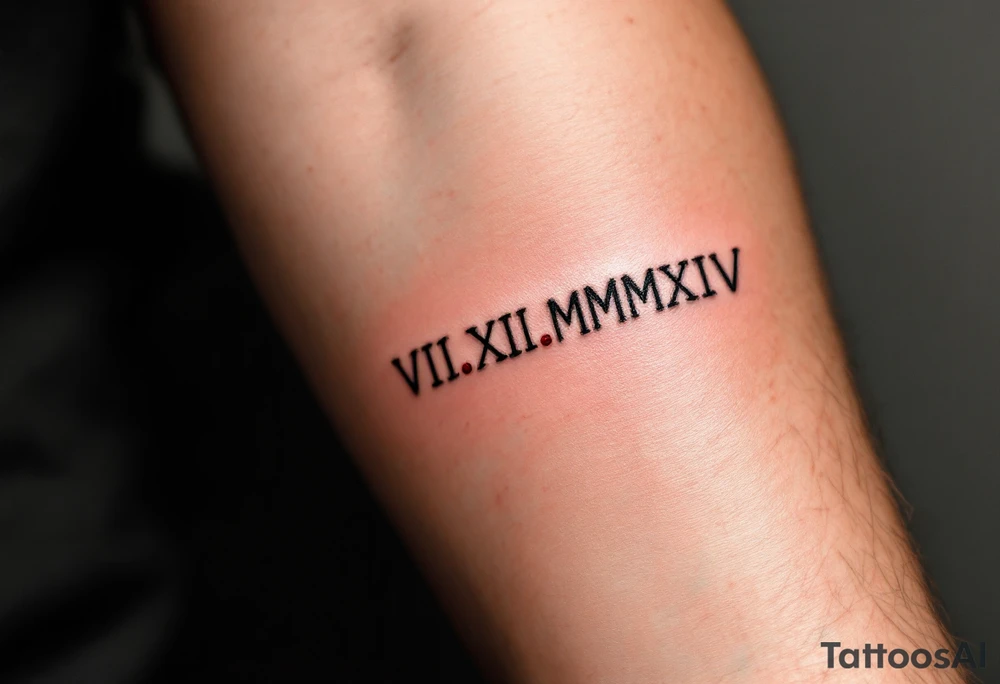 VIII.XII.MMXIV in thick black font circling the neck like a collar, with small ruby red dots separating the numerals. tattoo idea