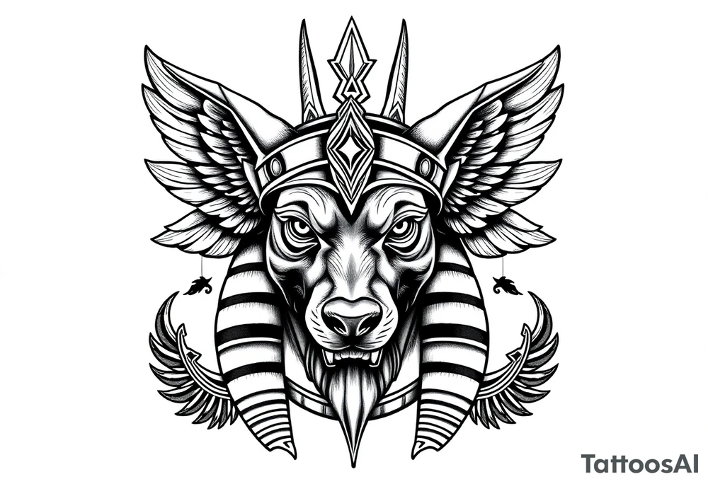 Egyptian Anubis god face muscle in Egypt style  with mantle on head

dog face surrounded Egyptian symbols based on elements tattoo idea