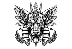 Egyptian Anubis god face muscle in Egypt style  with mantle on head

dog face surrounded Egyptian symbols based on elements tattoo idea