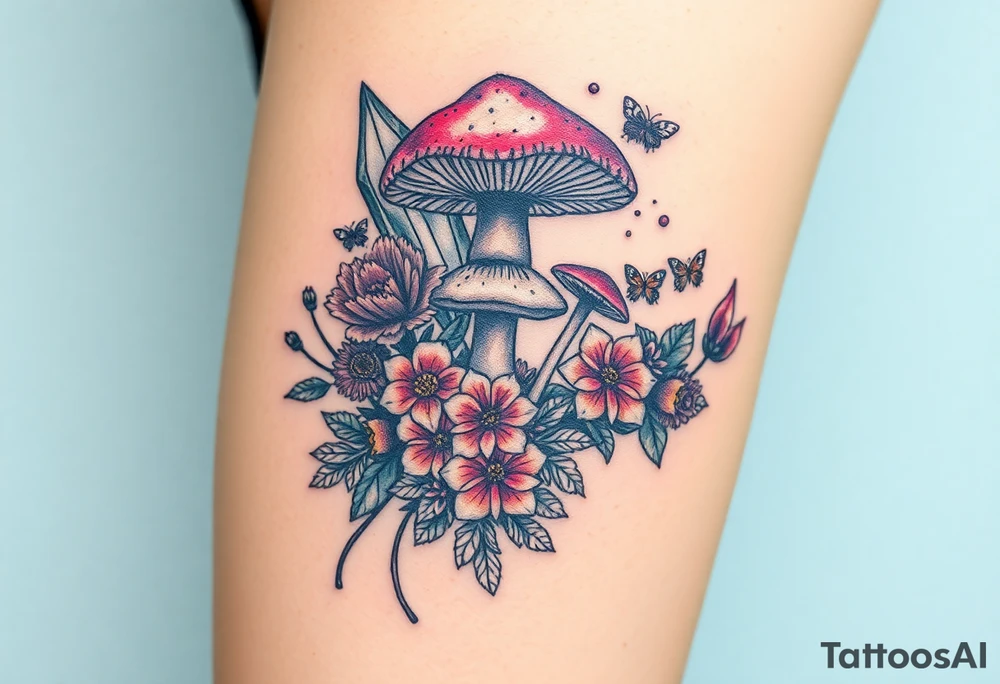 psychedelic  tattoo with crystals and  flowers and mushrooms bugs tattoo idea