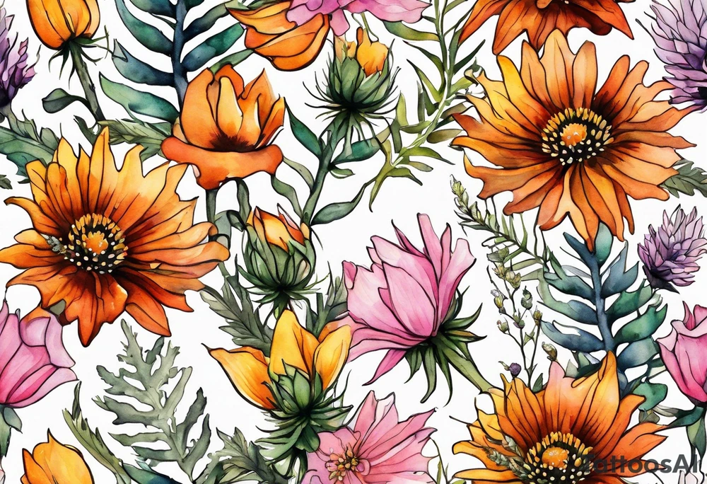 mixed wildflower cascading with thistles, ferns, burnt orange flower, white flowers, pink flowers, and yellow flowers all in watercolor tattoo idea