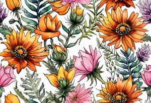 mixed wildflower cascading with thistles, ferns, burnt orange flower, white flowers, pink flowers, and yellow flowers all in watercolor tattoo idea